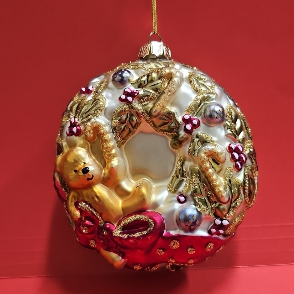 Gold and Red Holiday Wreath Ornament with Bear